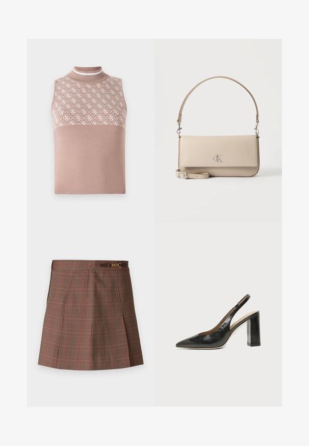 Ærmeløs striktop i lys beige med en tekstureret, mønstret øverste del og en tætsiddende mock neck. Har en glat, ensfarvet nederste del.; Brunternet skørter med orange accenter, der har et plisseret design, en tætsiddende talje og en dekorativ guldfarvet detalje på bæltet.; Sort læder peep-toe slingback sko med høj blokhæl og beige indvendig foring mod en ensfarvet lys baggrund.; Beige læderhåndtaske med top-håndtag og aftagelig skulderrem, med en sølv "cK" logo på forklappen.