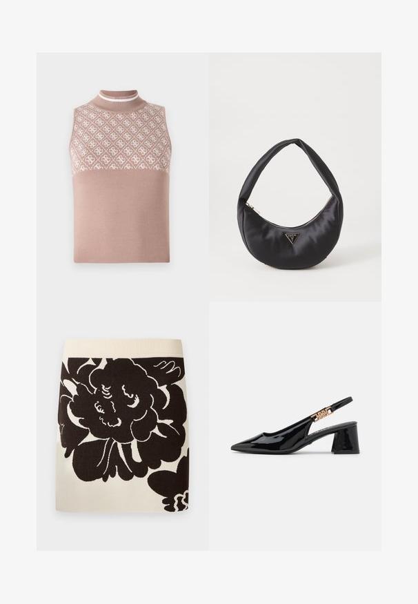 Top sin mangas de punto en beige claro con una sección superior texturizada y con patrón, y un cuello alto ajustado. Presenta una parte inferior lisa y sólida.; Falda crema con cinturilla ancha acanalada y gran estampado floral negro que cubre la parte delantera del tejido.; Zapatos de charol negro con tacón de pala y puntera afilada, con detalles en tono dorado en la correa, que presentan un tacón cuadrado. Textura suave.; Bolso de satén negro con forma curva, que cuenta con un cierre de cremallera y un logo triangular en metal en la parte delantera. Textura suave y diseño elegante.