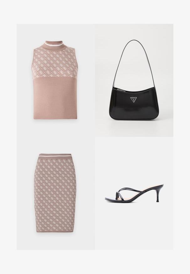 Ærmeløs striktop i lys beige med en tekstureret, mønstret øverste del og en tætsiddende mock neck. Har en glat, ensfarvet nederste del.; Strikket blyantskirt i lys brun med et mønster i creme, forsynet med en ribbet talje, der har en kontrastlinje. Glat tekstur.; Sort laklædersandal med hæl, tynde krydsede remme og en slank mellemhøj stilethæl på en hvid baggrund.; Sort patenteret læder skuldertaske med en buet form, prydet med et sølvfarvet trekantet logo og en lynlås-lukning. Glat tekstur og slank rem.