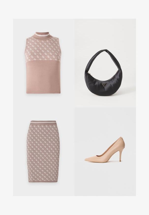 Top en maille sans manches de couleur beige clair avec une section supérieure texturée et à motifs, et un col montant ajusté. Présente une partie inférieure lisse et unie.; Jupe crayon en tricot couleur marron clair avec un motif crème, dotée d'une taille côtelée avec une ligne contrastante. Texture lisse.; Escarpin à talon haut en cuir beige avec un bout pointu, une texture lisse et un talon aiguille fin. Design minimaliste avec un style à enfiler.; Sac à main en satin noir avec une forme courbée, doté d'une fermeture à glissière et d'un logo triangulaire en métal à l'avant. Texture lisse et design épuré.