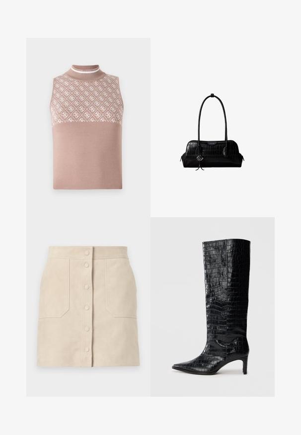 Top en maille sans manches de couleur beige clair avec une section supérieure texturée et à motifs, et un col montant ajusté. Présente une partie inférieure lisse et unie.; Mini-jupe en daim beige avec boutons-pression à l'avant et deux grandes poches frontales, coupe droite et détails cousus.; Bottes noires montantes, avec une texture brillante à motif crocodile, bout pointu et talon effilé. Matériau synthétique lisse.; Sac à épaule en cuir noir à texture crocodile, avec de longues sangles et un petit charm logo argenté sur une sangle.