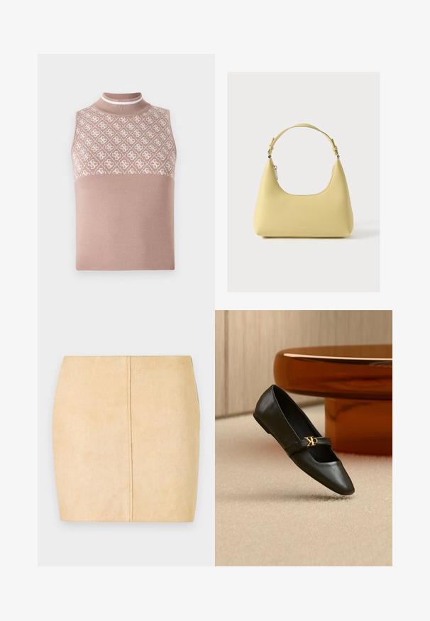 Top en maille sans manches de couleur beige clair avec une section supérieure texturée et à motifs, et un col montant ajusté. Présente une partie inférieure lisse et unie.; Jupon mini en suède beige offrant une texture lisse, une silhouette ajustée et un détail de couture centrale. Pas de matériel ou d'embellissements visibles.; Chaussure plate en cuir noir avec bout pointu et logo CK doré sur la bride, posée sur un tapis beige près d'une table ronde couleur ambre brun.; Sac à main en cuir jaune avec une silhouette incurvée, une bandoulière courte réglable et un compartiment zippé. Présente un logo subtil à l'avant.