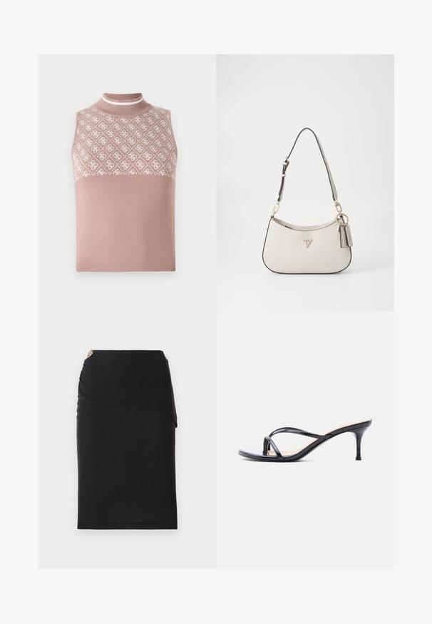 Top sin mangas de punto en beige claro con una sección superior texturizada y con patrón, y un cuello alto ajustado. Presenta una parte inferior lisa y sólida.; Falda lápiz negra con un diseño frontal drapeado, que presenta un acento metálico decorativo en la cintura. Fabricada con una tela elástica.; Sandalia de tacón de charol negro con tiras finas cruzadas y un tacón de aguja delgado de altura media, sobre un fondo blanco.; Bolso blanco texturizado con forma curva, herrajes dorados, una correa desmontable y un acento de logo. Incluye una etiqueta de llavero con la marca.