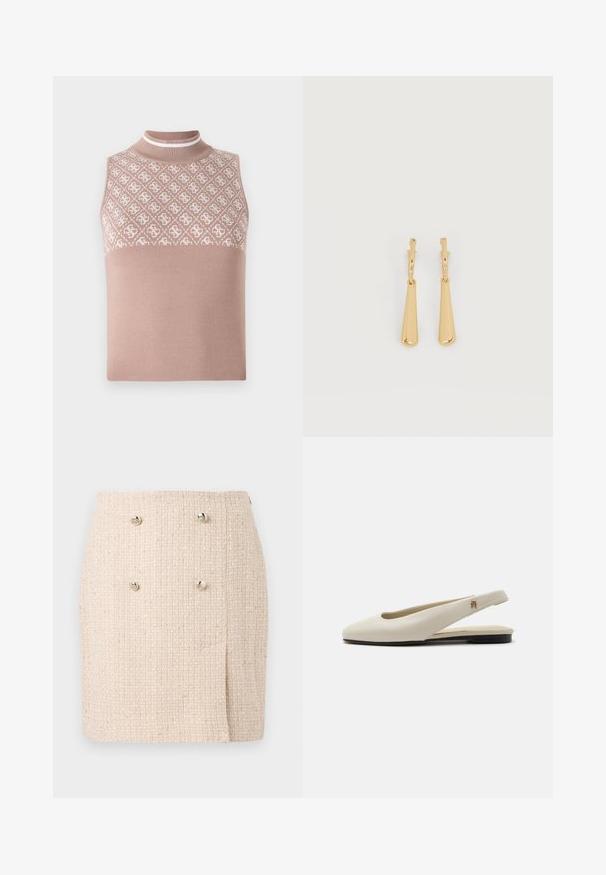 Mouwloze gebreide top in lichtbeige met een gestructureerd, patroon bovenstuk en een aansluitende hoge hals. Beschikt over een glad, effen ondergedeelte.; Beige textured rok met een geweven patroon, voorzien van twee opvallende zilveren knopen aan de voorkant en een licht asymmetrische zoom.; Crèmekleurige leren slingback platte schoen met ronde neus en klein gouden embleem op het bandje.; Oorbellen in goudkleur met glanzende, langgerekte druppelvormige hangers die aan kleine oorringen hangen, op een witte achtergrond.