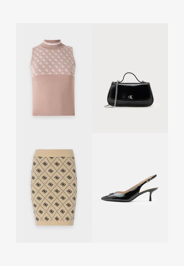 Ærmeløs striktop i lys beige med en tekstureret, mønstret øverste del og en tætsiddende mock neck. Har en glat, ensfarvet nederste del.; Strikket beige blyantskørt med et diamantmønster og gentagne sorte logoakcenter, med en ribbet talje for ekstra tekstur.; Sort patentlæder slingback hæl med spids tå, lille kitten hæl og sølvspænde på en ensartet hvid baggrund.; Sort læderhåndtaske med en kædestrop, struktureret form og et sølvlogo. Glat overflade med flaplukning.