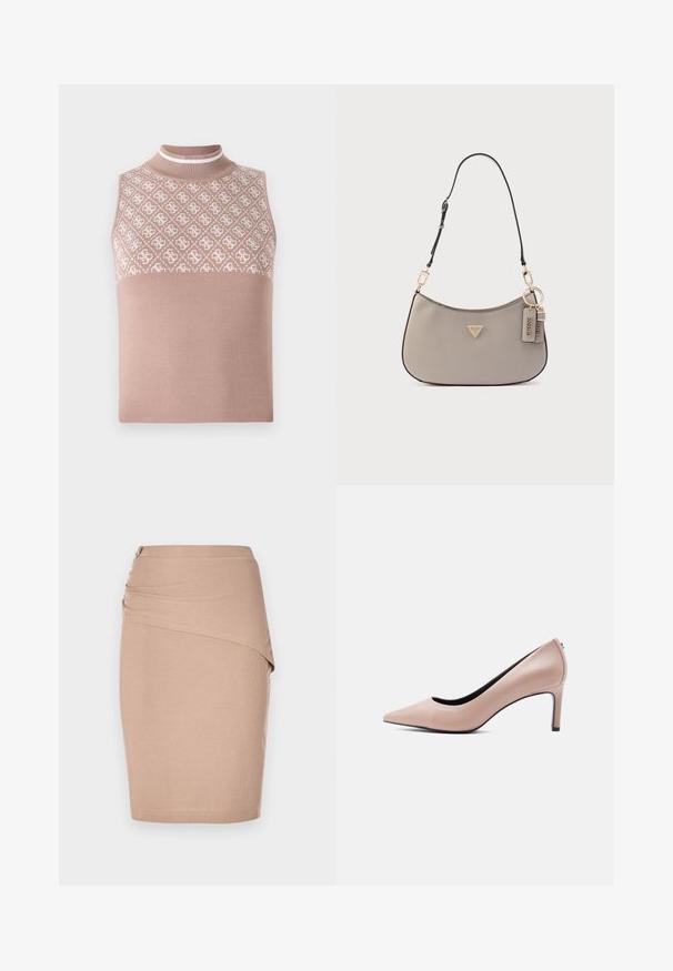 Ærmeløs striktop i lys beige med en tekstureret, mønstret øverste del og en tætsiddende mock neck. Har en glat, ensfarvet nederste del.; Beige knælang blyantskørt, lavet af ribbet stof, med en draperet forside og en sølvfarvet lynlåsdetalje i siden. Glat tekstur.; Beige spids-tå højhælet sko med en slank stilet-hæl på en ensfarvet hvid baggrund.; Grå syntetisk håndtaske med en buet form, guldfarvede beslag og en aftagelig rem. Har et logo-trekantemblem og to mærker.