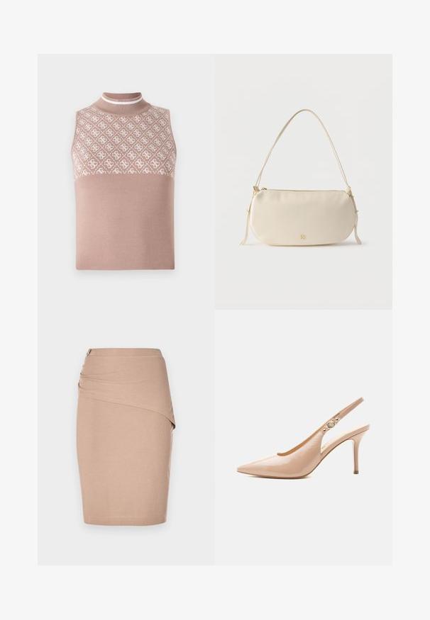 Ærmeløs striktop i lys beige med en tekstureret, mønstret øverste del og en tætsiddende mock neck. Har en glat, ensfarvet nederste del.; Beige knælang blyantskørt, lavet af ribbet stof, med en draperet forside og en sølvfarvet lynlåsdetalje i siden. Glat tekstur.; Beige laklæder højhælet slingback sko med spids tå og en lille gylden spænde-detalje på remmen.; Kræmmerhvid lille skuldertaske med enkelt rem, lynlås og diskret gyldent mærkelogo på forsiden.