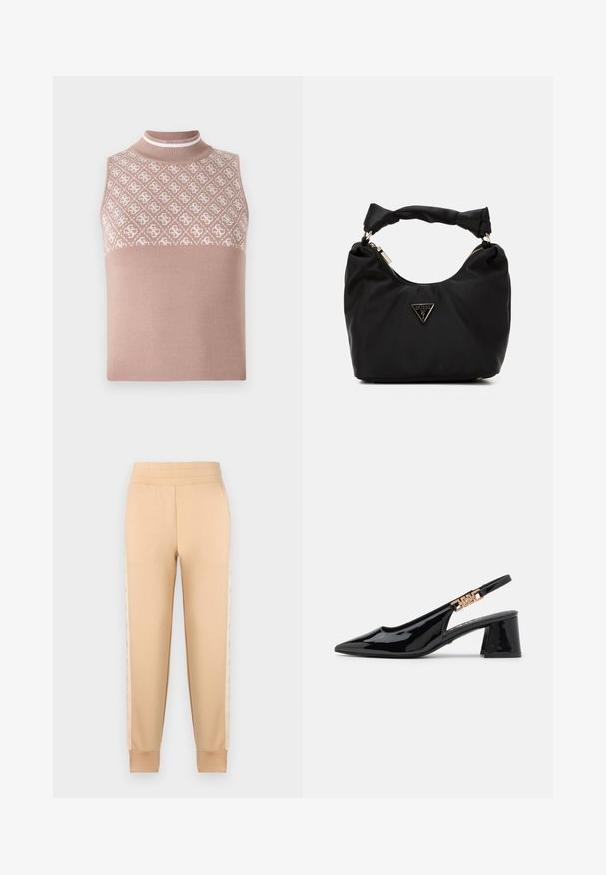 Top sin mangas de punto en beige claro con una sección superior texturizada y con patrón, y un cuello alto ajustado. Presenta una parte inferior lisa y sólida.; Pantalones de chándal beige con una textura suave, que presentan un diseño tapered, cintura elástica y paneles laterales estampados.; Zapatos de charol negro con tacón de pala y puntera afilada, con detalles en tono dorado en la correa, que presentan un tacón cuadrado. Textura suave.; Bolso de tela negra con forma curvada, asa anudada, detalle prominente del logo dorado y cierre de cremallera. Textura suave y diseño minimalista.