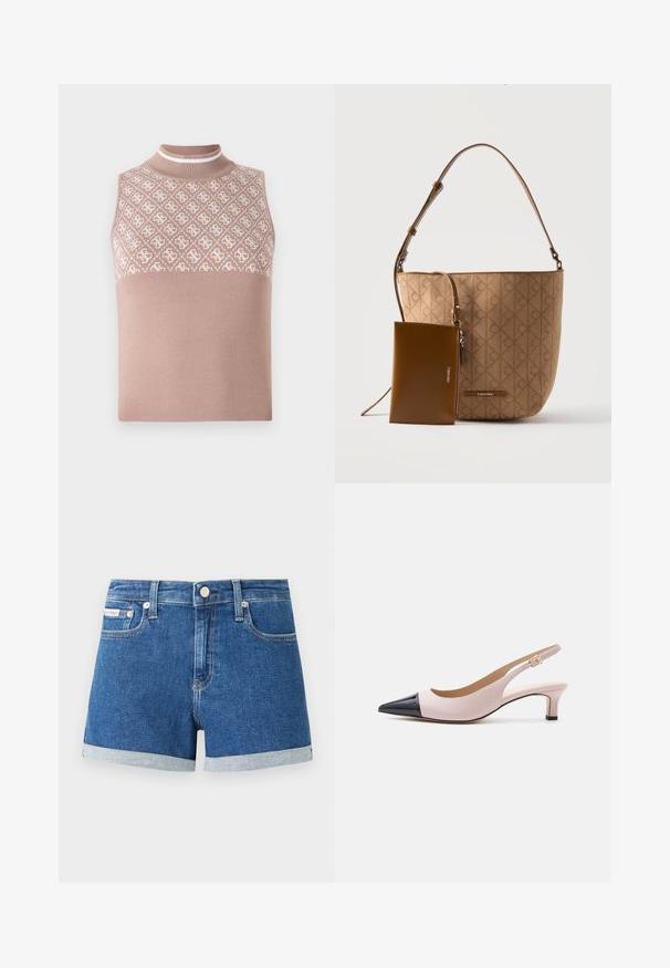 Mouwloze gebreide top in lichtbeige met een gestructureerd, patroon bovenstuk en een aansluitende hoge hals. Beschikt over een glad, effen ondergedeelte.; Donkerblauwe denim shorts met omgeslagen zoom. Voorzien van een knoopsluiting en voorkanten zakken. Gladde textuur met subtiele stikdetails.; Beige en zwarte slingback kittenheel schoen met spitsen teen en kleine gouden gesp op witte achtergrond.; Beige Calvin Klein bucket tas met gegraveerd logopatroon, verstelbare draagriem en een klein, eraan bevestigd, bruin ritsvakje.