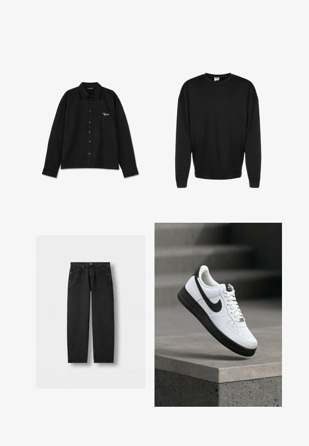 Zwarte lange mouw crewneck sweatshirt met geribbelde manchetten en een relaxte pasvorm, tentoongesteld tegen een witte achtergrond.; Zwarte longsleeve shirt van stof, met een kraag, knoopsluiting aan de voorkant, een enkele borstzak en een wit geborduurd logo op de zak.; Zwarte spijkerbroek met rechte pijpen, voorzien van voor- en muntzakken, knoopsluiting en riemlussen tegen een lichtgrijze achtergrond.; Witte leren sneaker met zwarte accenten, afgeronde neus en geperforeerde details. Zwarte rubberen zool met een gestructureerd patroon en vetersluiting.