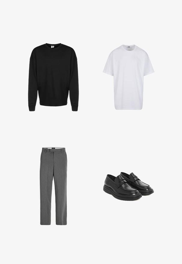 Sudadera negra de manga larga con cuello redondo, puños acanalados y corte relajado, exhibida sobre un fondo blanco.; Camiseta blanca lisa de algodón, de manga corta, con cuello redondo y etiqueta visible de talla y marca dentro del cuello.; Pantalones gris con una textura suave, diseño de pierna recta y un patrón vertical sutil. Cuenta con trabillas para el cinturón y bolsillos delanteros y traseros.; Mocasines de cuero negro con punta redondeada, detalles de costura y una suela de goma con plataforma. Presentan una correa decorativa a lo largo del empeine.