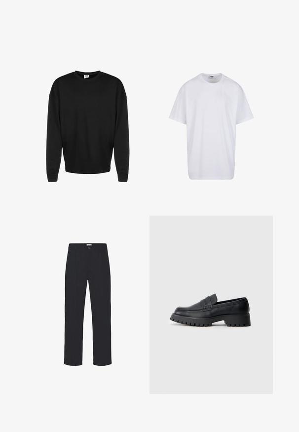 Sweatshirt noir à manches longues, col rond, avec des poignets côtelés et une coupe décontractée, présenté sur un fond blanc.; T-shirt blanc uni en coton à manches courtes avec col rond et étiquette de taille et de marque visible à l'intérieur du col.; Pantalon noir en tissu texturé, présentant une coupe droite, des plis sur le devant et une fermeture à un bouton à la taille.; Mocassins en cuir noir avec un bout arrondi, présentant une sangle décorative et une semelle en caoutchouc épaisse avec de profonds crampons pour une meilleure adhérence.