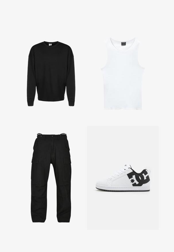 Sort langærmet crewneck sweatshirt med ribbede manchetter og afslappet pasform, vist mod en hvid baggrund.; Hvid ærmeløs tanktop lavet af ribbet bomuld. Har en rund halsudskæring og en glat tekstur. Etiketten siger "PULL&BEAR."; Sorte cargo bukser lavet af slidstærkt stof. Har flere lommer, en afslappet pasform og lynlås med knaplukning. Forstærket syninger ved sømmene.; Hvide atletiske sko med en glat syntetisk overdel, der har sorte logo-detaljer og en gummisål. Snørebåndsdesign, med afrundet tåform.