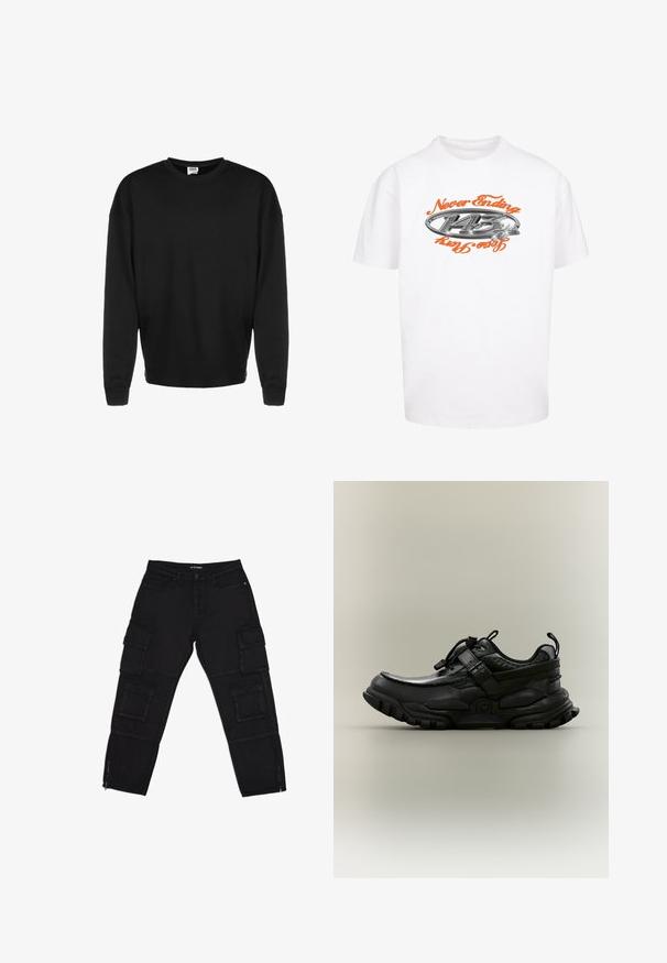 Sort langærmet crewneck sweatshirt med ribbede manchetter og afslappet pasform, vist mod en hvid baggrund.; Hvid bomulds t-shirt med et grafisk tryk med teksten "Never Ending" i orange og et sølv logo design placeret centralt på fronten.; Sorte cargo-bukser lavet af slidstærkt stof, med flere cargo-lommer, lynlåse ved anklerne og lige ben med diskrete stikninger.; Sort chunky atletiksko med justerbar rem, snørelås og robust sål, vist i sideprofil på neutral baggrund.