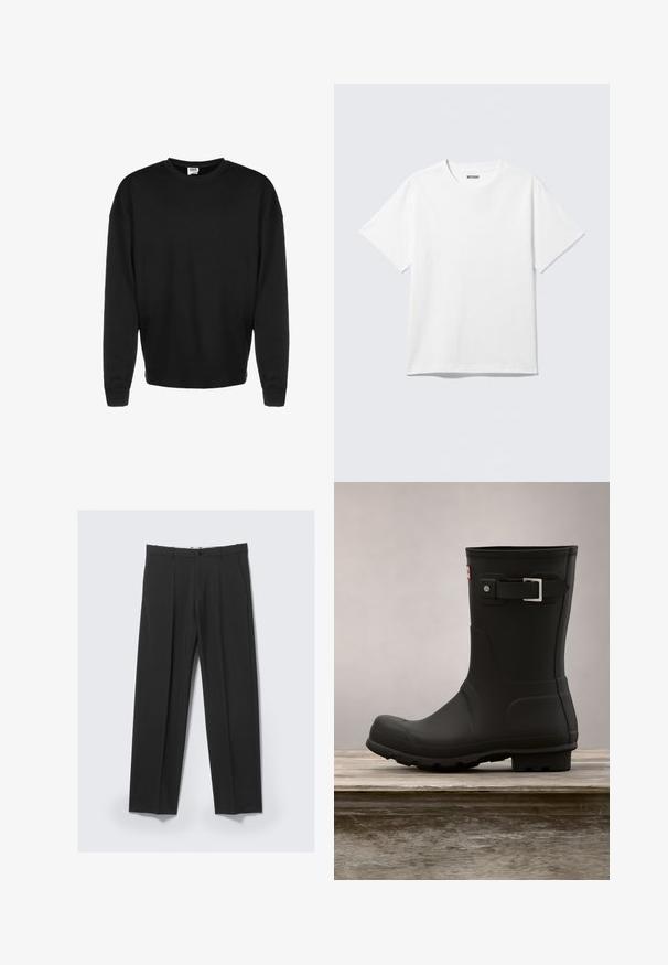 Sort langærmet crewneck sweatshirt med ribbede manchetter og afslappet pasform, vist mod en hvid baggrund.; Hvid kortærmet crewneck T-shirt lagt fladt ud, ensfarvet design, med "WEEKDAY" mærkat inde i kraven på en lys baggrund.; Sorte skræddersyede bukser med forreste plisseringer, sidelommer, bæltestropper og knaplukning ved linningen på en lys baggrund.; Sorte gummistøvler med lav hæl, rund tå og en sølv spændeaccent. Har en tekstureret sål for godt fodfæste.