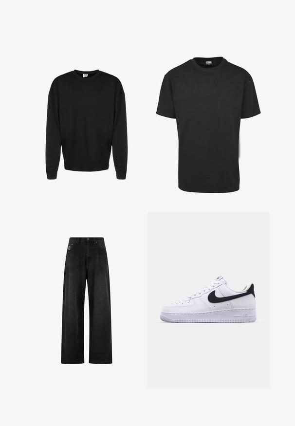 Sort langærmet crewneck sweatshirt med ribbede manchetter og afslappet pasform, vist mod en hvid baggrund.; Sort bomuld t-shirt med korte ærmer, rund halsudskæring og almindelig pasform. Stoffet fremstår glat og uden pynt.; Bredde ben sorte denim bukser med høj talje, der har fire lommer og et lille logo-tag på forsiden. Glat tekstur, enkel design.; Hvide lædersneakers med en struktureret sort Swoosh, flade snørebånd og en gummisål med et rillemønster. "AIR" er præget på hælen.