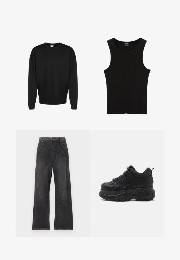Sweatshirt noir à manches longues, col rond, avec des poignets côtelés et une coupe décontractée, présenté sur un fond blanc.; Débardeur noir à côtes avec un col rond et de larges emmanchures, fabriqué à partir d'un tissu doux et extensible. Étiquette : Pull&Bear.; Jean noir à jambes larges, taille haute, détails de coutures courbes, poches avant, passants de ceinture et fermeture à bouton.; Baskets chunky en cuir noir avec une semelle en caoutchouc épaisse, au design épuré et aux accents texturés. Comprend des lacets et une languette au talon.