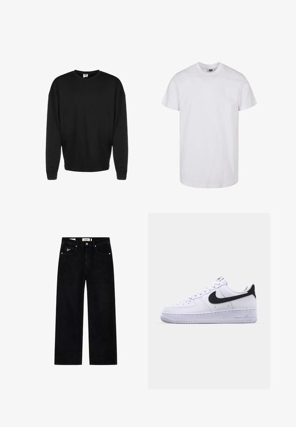 Μαύρη μακρυμάνικη μπλούζα crewneck με ριμπ μανσέτες και χαλαρή γραμμή, τοποθετημένη μπροστά σε άσπρο φόντο.; Λευκό βαμβακερό T-shirt με κοντά μανίκια, στρογγυλή λαιμόκοψη και ευθεία ραφή. Ομαλή υφή, χωρίς σχέδια ή γραφικά, με ετικέτα 'Urban Classic.'; Μαύρο τζιν με ίσια γραμμή, κλασικό σχεδιασμό με πέντε τσέπες και κλείσιμο με κουμπιά, με ετικέτα "project blue" στην μικρή μπροστινή τσέπη και στην μέση.; Λευκό δερμάτινο αθλητικό παπούτσι με υφή μαύρου Swoosh, επίπεδα κορδόνια και καουτσούκ σόλα με ραβδωτό σχέδιο. Η λέξη "AIR" είναι ανάγλυφη στην φτέρνα.
