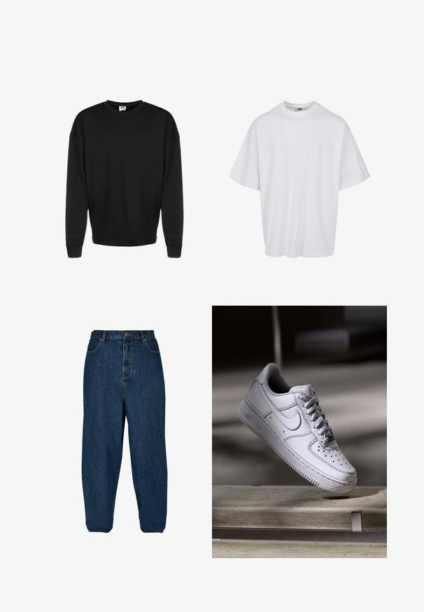 Zwarte lange mouw crewneck sweatshirt met geribbelde manchetten en een relaxte pasvorm, tentoongesteld tegen een witte achtergrond.; Witte katoenen t-shirt met een ronde hals en korte mouwen, met een losse pasvorm en subtiele stikseldetails.; Donkerblauwe spijkerbroek met een relaxed fit, hoge taille en elastische boorden. Voorzien van een knoopsluiting aan de voorkant en vijf zakken.; Witte Nike Air Force 1 sneaker van leer met geperforeerde neus, platte veters en een gestructureerde rubberen zool met "AIR"-logo aan de zijkant.