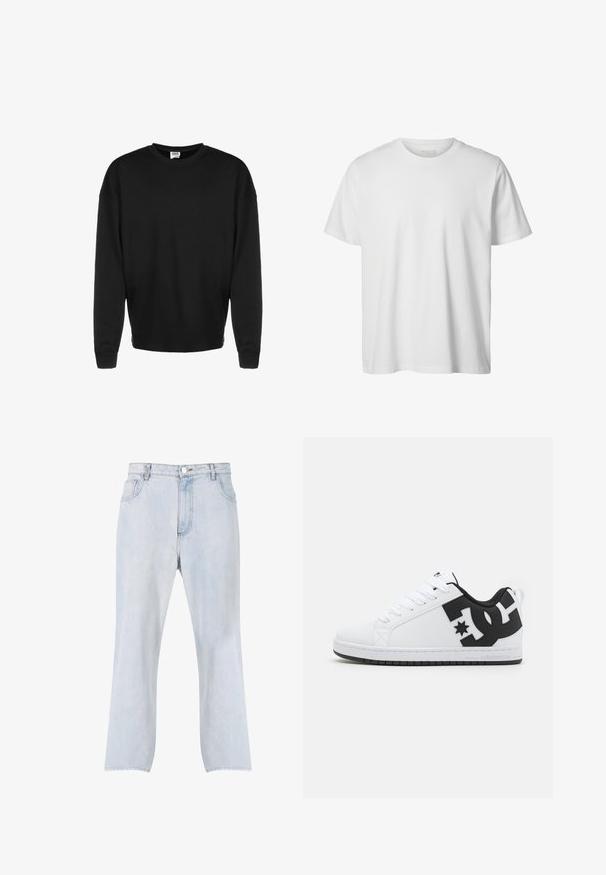 Sudadera negra de manga larga con cuello redondo, puños acanalados y corte relajado, exhibida sobre un fondo blanco.; Camiseta blanca lisa de manga corta con cuello redondo, corte holgado y sin logos o diseños visibles en el frente.; Vaqueros de mezclilla azul claro con piernas rectas, cierre delantero con botón y cremallera, y diseño de cinco bolsillos.; Zapatillas deportivas blancas con una parte superior sintética lisa, que presenta acentos de logotipo negros y una suela de goma. Diseño con cordones, forma de puntera redondeada.