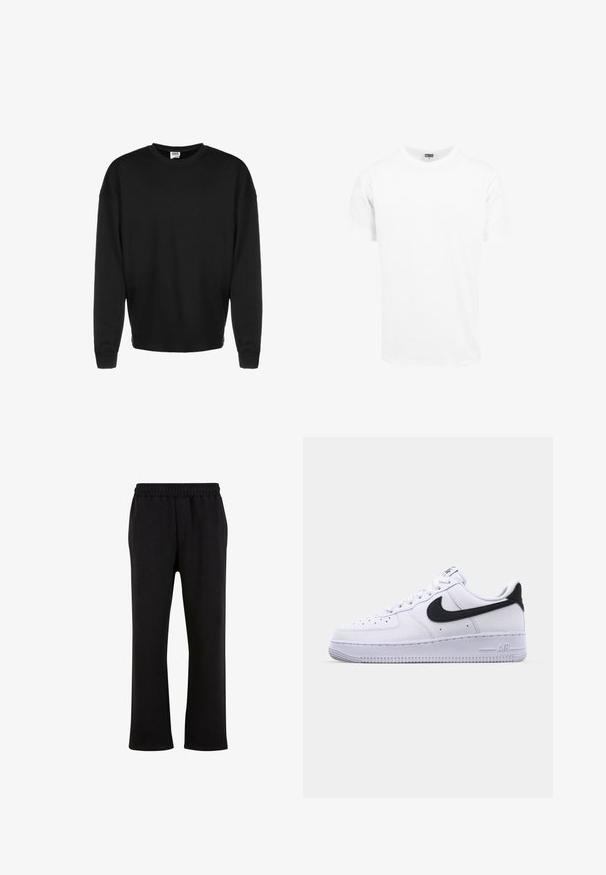 Melnas garām piedurknēm crewneck džemperis ar ribotām aprocēm un brīvu piegriezumu, attēlots uz baltā fona.; Balta kokvilnas T-krekls, īsas piedurknes, apaļa kakla izgriezums, taisna griezuma forma, mīksta tekstūra, vienkāršs dizains, bez grafikām vai rakstiem.; Urban Classics Treniņtērpa apakšdaļas - black; Balti ādas kedas ar strukturētu melnu Swoosh, plakaniem šņorēm un gumijas zoli ar rievotu rakstu. Uz papēža ir iepresēts vārds "AIR".