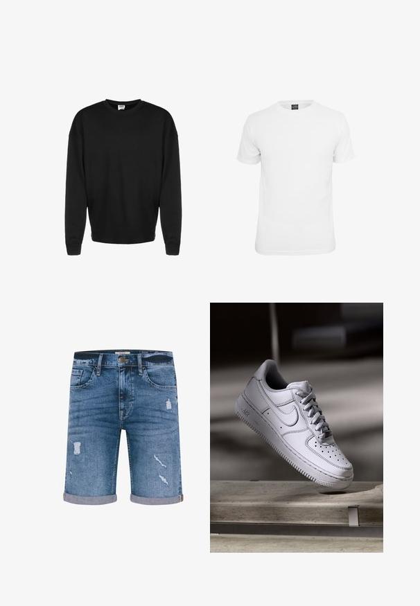 Sort langærmet crewneck sweatshirt med ribbede manchetter og afslappet pasform, vist mod en hvid baggrund.; Hvid kortærmet t-shirt, lavet af bomuld, med en klassisk rund hals og en glat tekstur, designet til afslappet brug.; Denimshorts i medium blå med distressed detaljer, opsmøgede kant, fem lommer og metalknaplukning. Standard pasform.; Hvid læder Nike Air Force 1 sneaker med perforeret tå, flade snørebånd og tekstureret gummisål med "AIR" branding på siden.