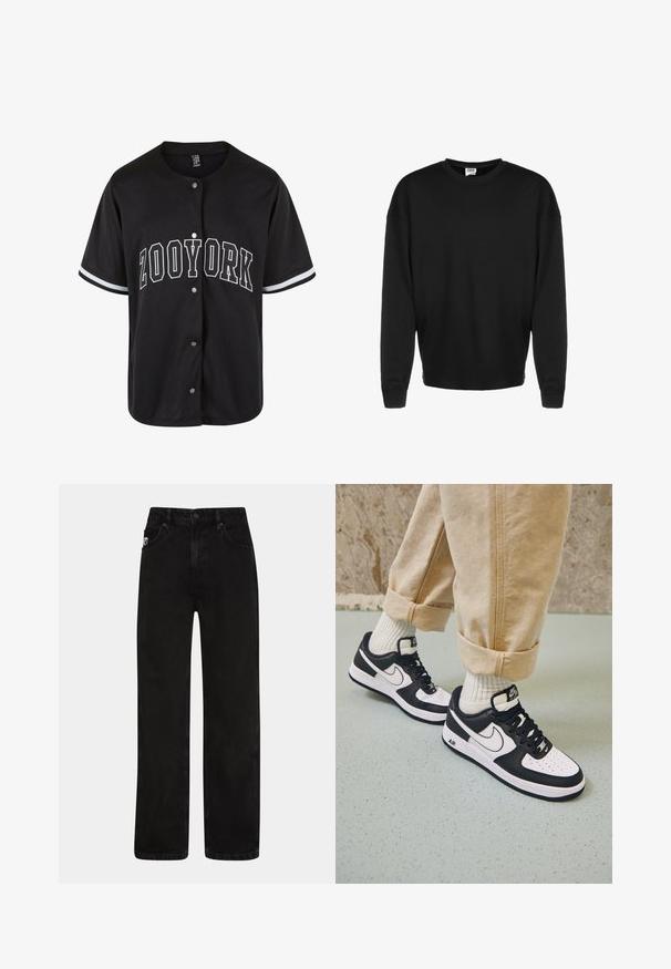 Μαύρη μακρυμάνικη μπλούζα crewneck με ριμπ μανσέτες και χαλαρή γραμμή, τοποθετημένη μπροστά σε άσπρο φόντο.; Μαύρη κοντομάνικη μπλούζα με κουμπί, με την επιγραφή "ZOOYORK" σε έντονους λευκούς χαρακτήρες, διαθέτει αντίθετες λευκές ρίγες στα μανίκια.; Μαύρα τζιν παντελόνια με ίσια γραμμή, διαθέτοντας μπροστινές τσέπες, κλείσιμο με κουμπί και μια διακριτική ετικέτα λογότυπου στη μέση.; Μαύρα και άσπρα αθλητικά παπούτσια Nike Air Force 1 με δερμάτινη επένδυση, τρυπητή μύτη και υφασμάτινη λεπτομέρεια στην σόλα, φορεμένα με τυλιγμένα μπεζ παντελόνια και λευκές κάλτσες.