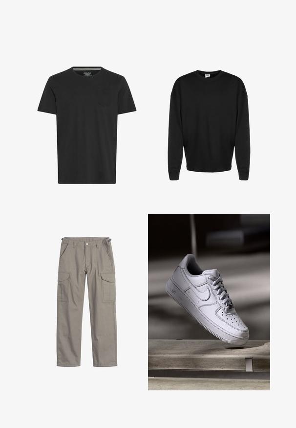 Sort langærmet crewneck sweatshirt med ribbede manchetter og afslappet pasform, vist mod en hvid baggrund.; Sort kortærmet T-shirt lavet af bomuld. Har en rund hals og en lille lomme på venstre bryst. Glat tekstur og simpelt design.; Cargo bukser i lysegrå stof, med to store sidelommer, frontlommer, knappelukning og en løs pasform.; Hvid læder Nike Air Force 1 sneaker med perforeret tå, flade snørebånd og tekstureret gummisål med "AIR" branding på siden.