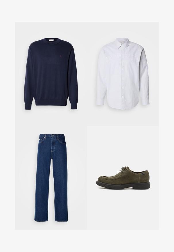 Donkerblauwe trui van zachte stof, met een ronde hals, geribbelde manchetten en zoom. Klein geborduurd logo op de borst. Klassieke pasvorm.; Witte lange mouwen shirt van linnen met verticale blauwe strepen, voorzien van een knoopsluiting aan de voorkant en een reliëf "CALVIN KLEIN" logo over de borst.; Donkerblauwe denim jeans met een wijdbeen ontwerp, voorzien van een knoopsluiting en klassieke vijf-pocket styling. De stof heeft een gladde textuur.; Donkergroene suède schoenen met een gladde textuur, voorzien van een ronde neus, gestikte accenten en een zwarte rubberen zool.