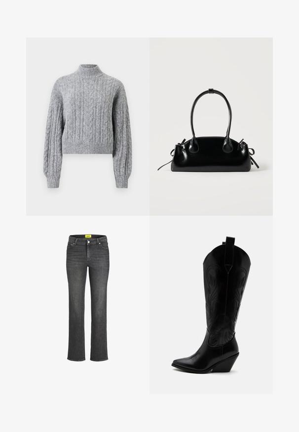 Suéter de lana gris claro de punto trenzado, con cuello alto, mangas largas abullonadas y puños y dobladillo acanalados.; Jeans de denim gris oscuro con diseño de pierna recta, estilo de cinco bolsillos y etiqueta de marca amarilla en la cinturilla. Cierre de botón metálico.; Bota de vaquero de cuero negro con punta puntiaguda, tacón bloqueado inclinado, costuras decorativas y lengüetas en la parte superior sobre fondo blanco.; Pequeño bolso negro brillante con dos asas largas y detalles de cordón lateral sobre un fondo claro liso.