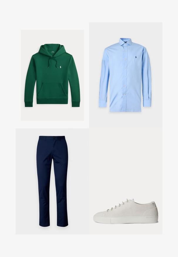 Sweat à capuche vert foncé avec poche kangourou sur le devant, capuche à cordon ajustable et petit logo blanc Polo Ralph Lauren sur la poitrine.; Chemise bleu clair à manches longues avec boutons, col et petit logo brodé bleu foncé sur la poitrine gauche.; Pantalons en coton bleu marine avec une coupe droite, dotés d'une fermeture à bouton à l'avant, de passants de ceinture et de coutures propres. Texture lisse sans motifs.; Baskets basses blanches en suède avec lacets à l’avant et semelle en caoutchouc, design minimaliste.