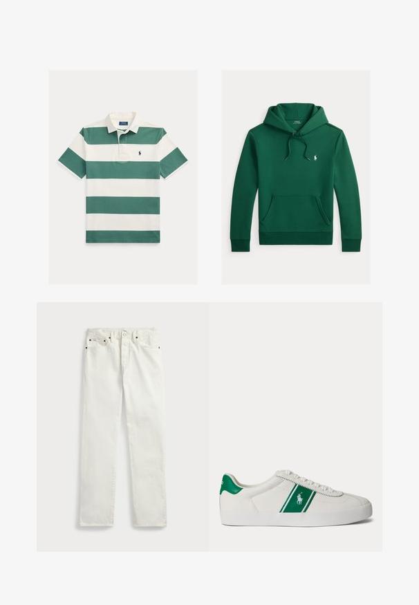 Tmavozelená mikina s kapucňou, predným vačkom, nastaviteľnou šnúrkou na kapucni a malým bielym logom Polo Ralph Lauren na hrudi.; Polo tričko s krátkym rukávom s širokými horizontálnymi zelenými a bielymi pruhmi, bielym golierom a malým vyšívaným logom na hrudi.; Biele džínsové nohavice so strižením rovného strihu, s piatimi vreckami, kovovými gombíkmi a švovými akcentmi. Hladká textúra.; Biele nízke tenisky s zeleným pruhom a logom Polo na boku, zelený jazyk na päte a biele šnúrky, zobrazené z ľavej strany na jednoduchom pozadí.