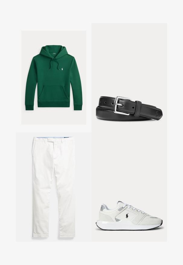 Tmavozelená mikina s kapucňou, predným vačkom, nastaviteľnou šnúrkou na kapucni a malým bielym logom Polo Ralph Lauren na hrudi.; Biele bavlnené chinos nohavice s plochým predným dielom, pútkami na opasok, bočnými vreckami a hladkou textúrou, s modrým vnútorným pásom.; Biela nízka teniska so zaväzovaním na šnúrky, čierne logo na boku, sivé akcenty a hrubá biela podrážka s čiernym dezénom.; Čierny kožený opasok so striebornou obdĺžnikovou prackou, zrolovaný na bielom pozadí, s jemným vyrazeným logom na špičke.