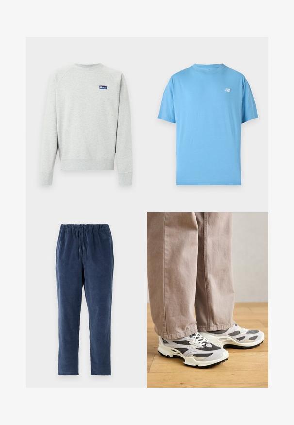 Hellgraues Sweatshirt mit Rundhalsausschnitt und langen Ärmeln sowie einem kleinen blauen rechteckigen Logopatch auf der Brust.; Hellblaues T-Shirt mit kurzen Ärmeln und Rundhalsausschnitt mit einem kleinen weißen New Balance-Logo auf der linken Brust.; Marineblaue Hose mit weicher Textur, elastischem Bund und geradem Bein. Keine Taschen. Der Stoff sieht leicht aufgeraut aus.; Person, der beiger weit geschnittener Hose und grau-weißen Sneakern steht auf einem Holzboden.