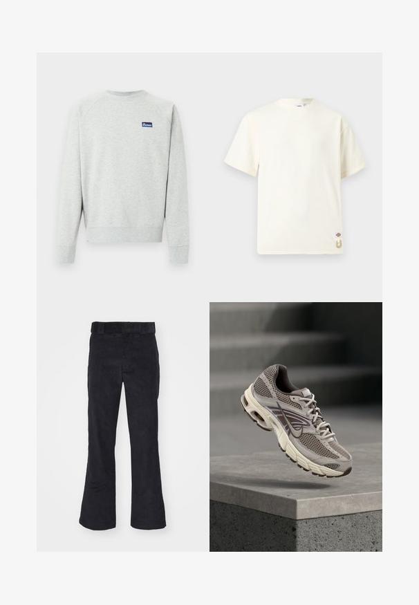 Sudadera gris claro con cuello redondo, mangas largas y un pequeño parche rectangular azul con logo en el pecho.; Camiseta de algodón de manga corta en color blanco roto, con cuello redondo, pequeña etiqueta con logo y detalle de cordón beige cerca del dobladillo inferior.; Pantalones de pana negros con un corte relajado, que presentan una cinturilla clásica y piernas acampanadas, textura suave y sin patrones o acentos visibles.; Zapatilla de correr Nike gris y beige suspendida en el aire sobre un borde de hormigón con unas escaleras desenfocadas al fondo.