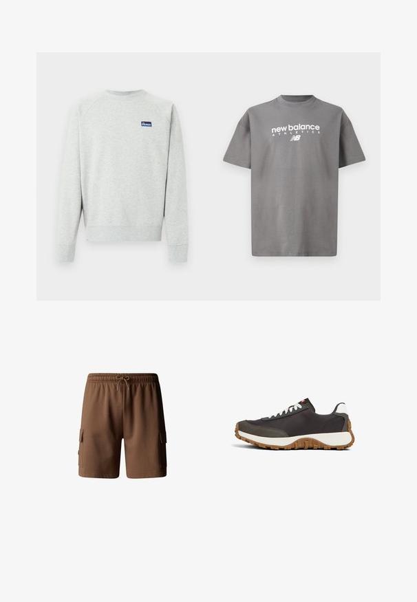 Lysegrå crewneck-sweatshirt med lange ærmer og et lille rektangulært blåt logo-patch på brystet.; Grå bomulds T-shirt med rund hals, korte ærmer og hvidt "new balance ATHLETICS" logo trykt på fronten.; Brune bomulds cargo shorts med elastisk talje, snøre lukning og to sidelommer. Glat tekstur og længde over knæene.; Sort og mørkegrå lav sneakers med hvide snørebånd, hvid hælflap, tyk hvid mellemsål og gummigummisål med mønster.