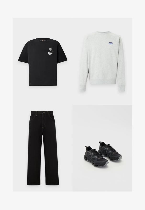 Hellgraues Sweatshirt mit Rundhalsausschnitt und langen Ärmeln sowie einem kleinen blauen rechteckigen Logopatch auf der Brust.; Schwarzes Baumwoll-T-Shirt mit kurzen Ärmeln, ausgestattet mit einem weißen Logo und grafischem Design auf der Brust. Einfacher, lockerer Schnitt.; Schwarze Jeans mit geradem Schnitt, ausgestattet mit Fronttaschen, kontrastierenden gelben Nähten und einem Knopfverschluss an der Taille.; Schwarze Sportschuhe mit einem strukturierten Mesh-Obermaterial, ausgestattet mit einer dicken Sohle, Schnürverschluss und dezenten grauen Akzenten.