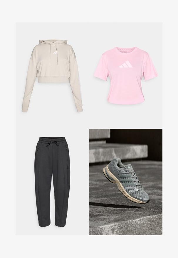 Lys beige cropped sweatshirt med hætte, med et hvidt trekantet logo og hvide side striber. Lavet af blødt, tekstureret stof.; Lyserød bomuld T-shirt med korte ærmer, rund halsudskæring og et hvidt trekantet logo foran. Har et kort design og en blød tekstur.; Sorte træningsbukser med elastisk talje, snor, sidelommer med lynlås og tapered ben. Fremstillet af et blødt, struktureret stof.; Grå og beige Adidas løbesko, i luften over grå betontrapper, med mesh-tekstur og polstret sål.