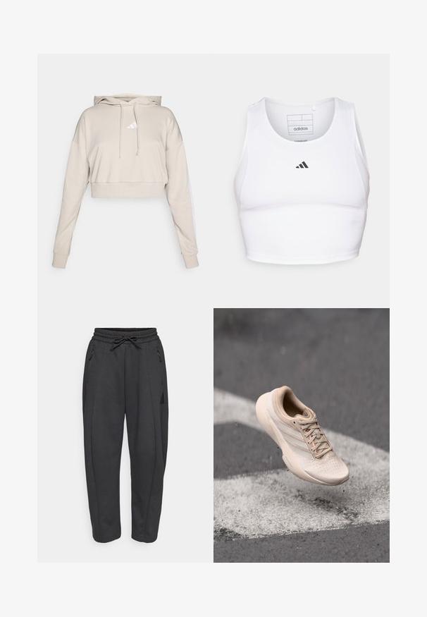 Lys beige cropped sweatshirt med hætte, med et hvidt trekantet logo og hvide side striber. Lavet af blødt, tekstureret stof.; Hvid atletisk crop top lavet af letvægts, åndbart stof. Har mesh-sider og sort broderet logo på brystet.; Sorte træningsbukser med elastisk talje, snor, sidelommer med lynlås og tapered ben. Fremstillet af et blødt, struktureret stof.; Beige atletiksko med en struktureret overdel, glat sål og rosa accenter. Har perforeringer for åndbarhed og flade snørebånd.