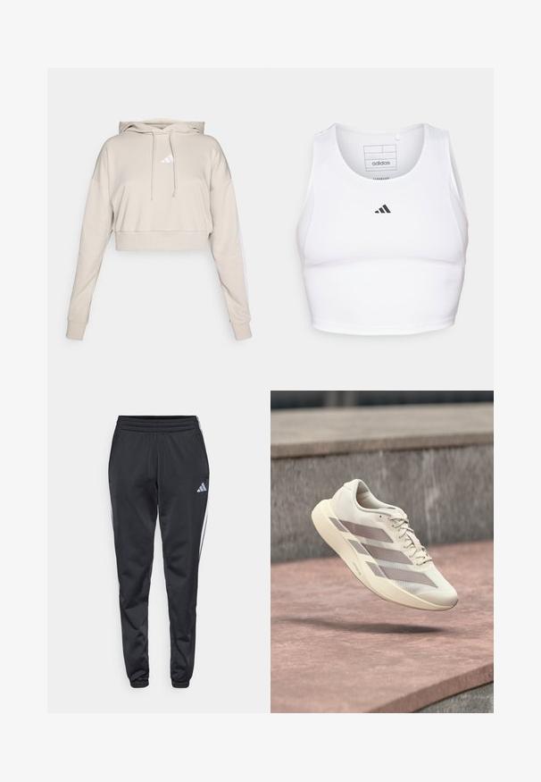 Sweatshirt court beige clair avec capuche, doté d'un logo triangulaire blanc et de bandes latérales blanches. Fabriqué en tissu doux et texturé.; Crop top de sport blanc en tissu léger et respirant. Présente des panneaux latéraux en mesh et un logo noir brodé sur la poitrine.; Pantalons de sport noirs avec une taille élastique, des jambes effilées et des bandes latérales blanches. Présente un petit logo gris en forme de trèfle sur la cuisse gauche.; Chaussure de course couleur crème avec des rayures taupe flottant au-dessus d'une surface carrelée rouge-brun et d'un fond en pierre grise.