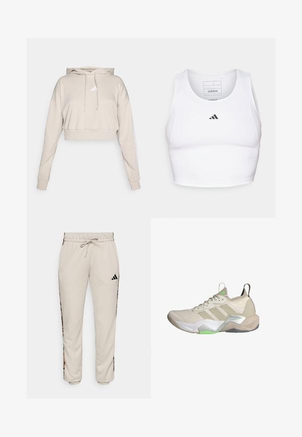 Hellbeige, kurz geschnittenes Sweatshirt mit Kapuze, das ein weißes, dreieckiges Logo und weiße Seitenstreifen aufweist. Hergestellt aus weichem, strukturiertem Stoff.; Weißes sportliches Crop-Top aus leichtem, atmungsaktivem Material. Mit Mesh-Seitenpanelen und schwarzem, gesticktem Logo auf der Brust.; Hellbeige Sweatpants aus weichem Stoff, mit einem verstellbaren Bund und schwarzen Seitenpaneelen mit einem Leopardenmuster.; Beige Sportsschuh mit Mesh-Obermaterial, drei weißen Streifen, grünen Akzenten und strukturiertem Sohle. Verfügt über einen Zuglasche an der Ferse und eine leichte Polsterung.