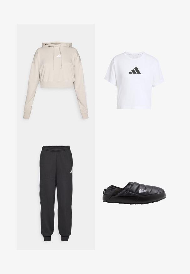 Lichtbeige cropped sweatshirt met een capuchon, voorzien van een wit driehoekig logo en witte zijstrepen. Gemaakt van zacht, textuurstof.; Witte cropped t-shirt van katoen met een zwart logo met drie strepen aan de voorkant, met korte mouwen en een ronde halslijn.; Zwarte sportbroeken met een elastische tailleband, taps toelopende enkels en witte zijkanten. Gemaakt van zachte stof met een gladde textuur.; Zwarte geïsoleerde instapschoen met een gewatteerde bovenkant, rubberen zool en textuurdetails. Voorzien van een hiel trekhaak en merknaam aan de zijkant.