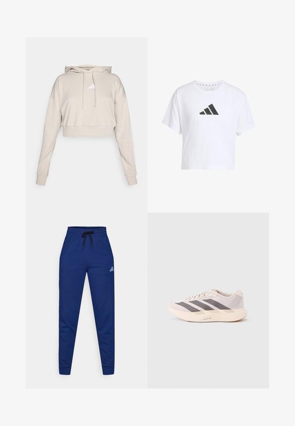 Hellbeige, kurz geschnittenes Sweatshirt mit Kapuze, das ein weißes, dreieckiges Logo und weiße Seitenstreifen aufweist. Hergestellt aus weichem, strukturiertem Stoff.; Weißes, cropped T-Shirt aus Baumwolle mit einem schwarzen Logo mit drei Streifen auf der Vorderseite, ausgestattet mit kurzen Ärmeln und einem runden Halsausschnitt.; Blaue Baumwoll-Jogginghosen mit elastischem Bund, verstellbarem schwarzen Kordelzug und einem kleinen weißen Logo am linken Oberschenkel. Figurbetonter Schnitt.; Leichte Sportsneaker in zartem Rosa und Grau mit einem Obermaterial aus Mesh, drei dunklen Streifen und einer dicken, cremefarbenen Sohle mit der Aufschrift "LIGHTSTRIKE PRO".