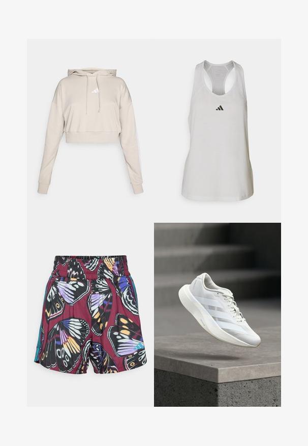 Sweatshirt court beige clair avec capuche, doté d'un logo triangulaire blanc et de bandes latérales blanches. Fabriqué en tissu doux et texturé.; Débardeur de sport blanc en tissu léger avec un dos nageur et un petit logo noir sur la poitrine.; Un short orné d'un imprimé papillon vibrant dans des nuances de violet, noir et orange. Taille élastique avec de subtils accents latéraux en turquoise.; Chaussure de sport blanche avec une tige texturée, trois bandes latérales, une semelle amortie et un bout arrondi, posée au-dessus d'une surface en béton.