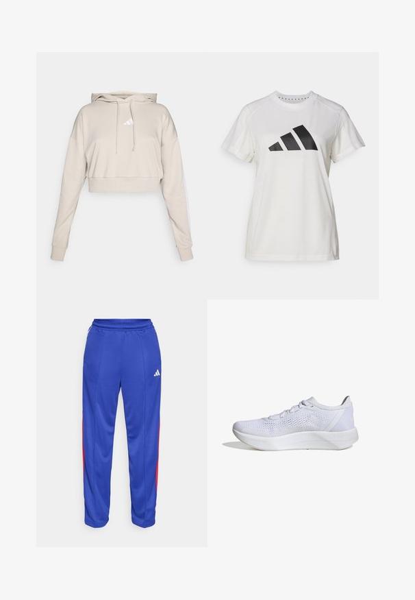 Sudadera cropped de color beige claro con capucha, que presenta un logo triangular blanco y franjas laterales blancas. Fabricada en un tejido suave y texturizado.; Camiseta atlética blanca de tejido suave. Presenta mangas cortas y un gran logotipo negro de Adidas con tres rayas debajo.; Pantalones deportivos azules con rayas laterales rojas, cinturilla elástica y un pequeño logo blanco en la parte superior de la pierna izquierda. Tela suave y ligera.; Zapatilla deportiva blanca con una parte superior de malla transpirable, diseño con cordones, acolchado en el tobillo y una suela de goma texturizada para tracción.