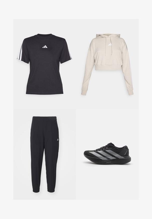 Hellbeige, kurz geschnittenes Sweatshirt mit Kapuze, das ein weißes, dreieckiges Logo und weiße Seitenstreifen aufweist. Hergestellt aus weichem, strukturiertem Stoff.; Schwarzes Sport-T-Shirt aus weichem Material, mit Rundhalsausschnitt, kurzen Ärmeln und drei weißen Streifen auf jeder Schulter. Weißes Logo auf der Brust.; Schwarze Sporthosen aus einem glatten Stoff. Tapered-Design mit elastischen Bündchen. Mit kleinem weißen Logo an der linken Hüfte.; Schwarzer Laufschuh mit silbernen Streifen, dicke gepolsterte Sohle beschriftet "Lightstrike Pro", Seitenansicht auf weißem Hintergrund.