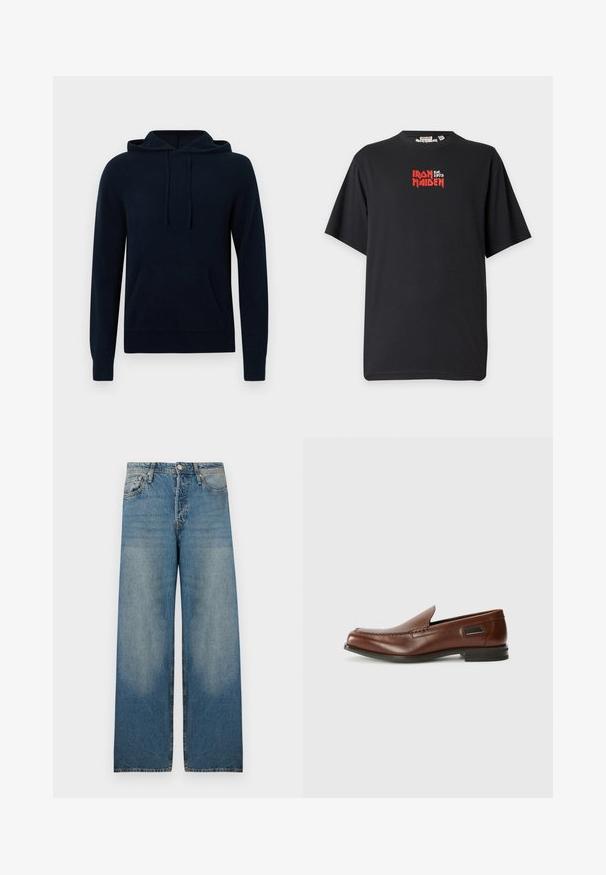 Marineblå hoodie lavet af blødt strikket stof, med en frontlomme, snor i hætten og ribbede manchetter. Simpelt design uden synlige mønstre.; Sort T-shirt med korte ærmer med rød og hvid tekst "Iron Maiden Est. 1975" centreret på brystet mod en lys grå baggrund.; Lyseblå bredbenede jeans i denimstof med høj talje, fem-lomme design og slidte områder for et vintage look.; Stuart Weitzman BURT - Loafers - auburn