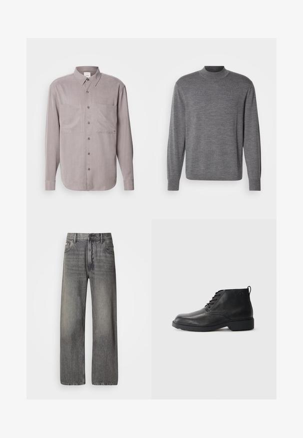 Grå langærmet sweater lavet af strikket materiale, med en høj hals og et subtilt logo på brystet. Glat tekstur og tætsiddende design.; Langærmet button-up skjorte i dæmpet grå stof, med to brystlommer, en klassisk krave og tonal knaplukning.; Vide bukser i mørkegråt denim med en falmet finish. Har klassisk fem-lomme design og bæltestropper.; Sorte læderstøvler med en tekstureret finish, rund tå, snørebånd foran og en robust gummisål. Har en lille træksløjfe bagpå.