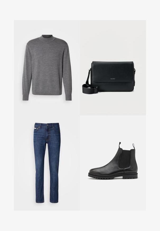 Pull gris à manches longues en matériau tricoté, avec un col montant et un logo discret sur la poitrine. Texture lisse et design ajusté.; Jeans en denim bleu foncé à coupe droite, design à cinq poches, fermeture par bouton et détails légèrement délavés sur le devant.; Bottines Chelsea en cuir noir avec des panneaux latéraux élastiques, des languettes de tirage et une semelle en caoutchouc texturé avec un motif de semelle. ; Sac messager en cuir noir à surface texturée, avec une bandoulière ajustable et un rabat avant affichant un logo discret. Forme compacte et rectangulaire.