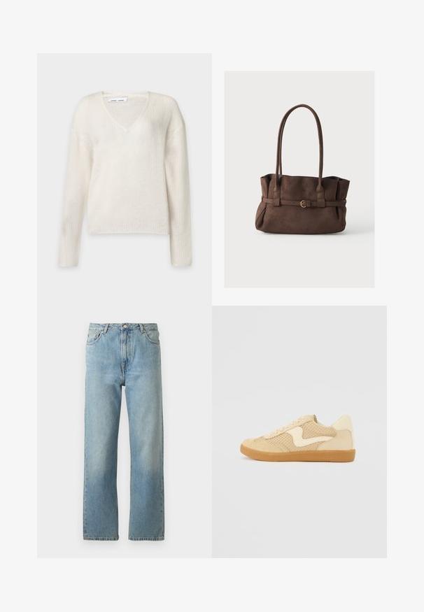 Cremefarbener Langarm-Strickpullover mit V-Ausschnitt und strukturiertem Muster, auf einem einfarbigen hellen Hintergrund dargestellt.; Hellblaue Denim-Jeans mit geradem Bein, ausgestattet mit einem Fünf-Taschen-Stil und einem Knopfverschluss am Bund.; Beige Sneaker aus Wildleder und Mesh-Materialien, runde Form, auffälliger gepolsterter Kragen und eine Sohle aus Gummi. Verfügt über ein wellenförmiges Design-Highlight.; Braune Wildlederhandtasche mit zwei langen Henkeln und einem dekorativen schmalen Gürtel mit einer kleinen goldenen Schnalle vorne.